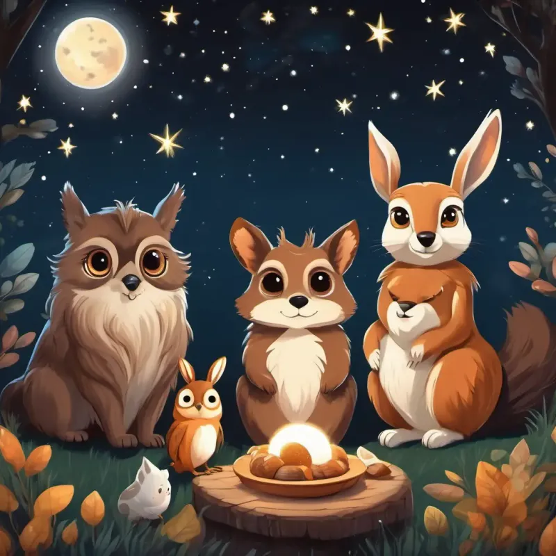 Brown dog with black eyes, Squirrel with fluffy tail the squirrel, Bunny with soft white fur and long ears the bunny, and Wise owl with big round eyes the owl, enjoying a meal together under a starry sky.