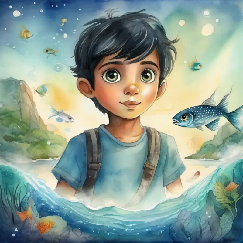 Island shrouded in mist, curious boy A curious and adventurous boy with black hair and bright sparkling eyes, and magical flying fish A unique and magical flying fish with shimmering scales and sparkling eyes.