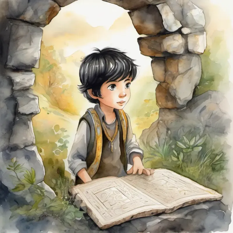 A curious and adventurous boy with black hair and bright sparkling eyes found ancient stone tablet, directions to forgotten world, curious and adventurous spirit.
