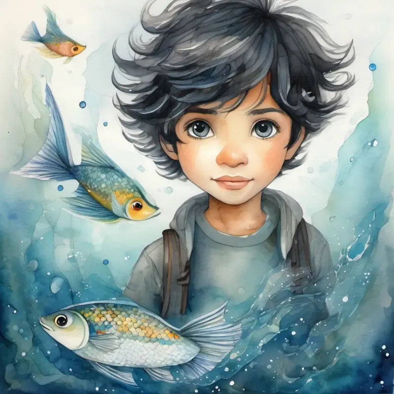 A curious and adventurous boy with black hair and bright sparkling eyes and A unique and magical flying fish with shimmering scales and sparkling eyes braved the foggy sea, A unique and magical flying fish with shimmering scales and sparkling eyes's wisdom and loyalty.