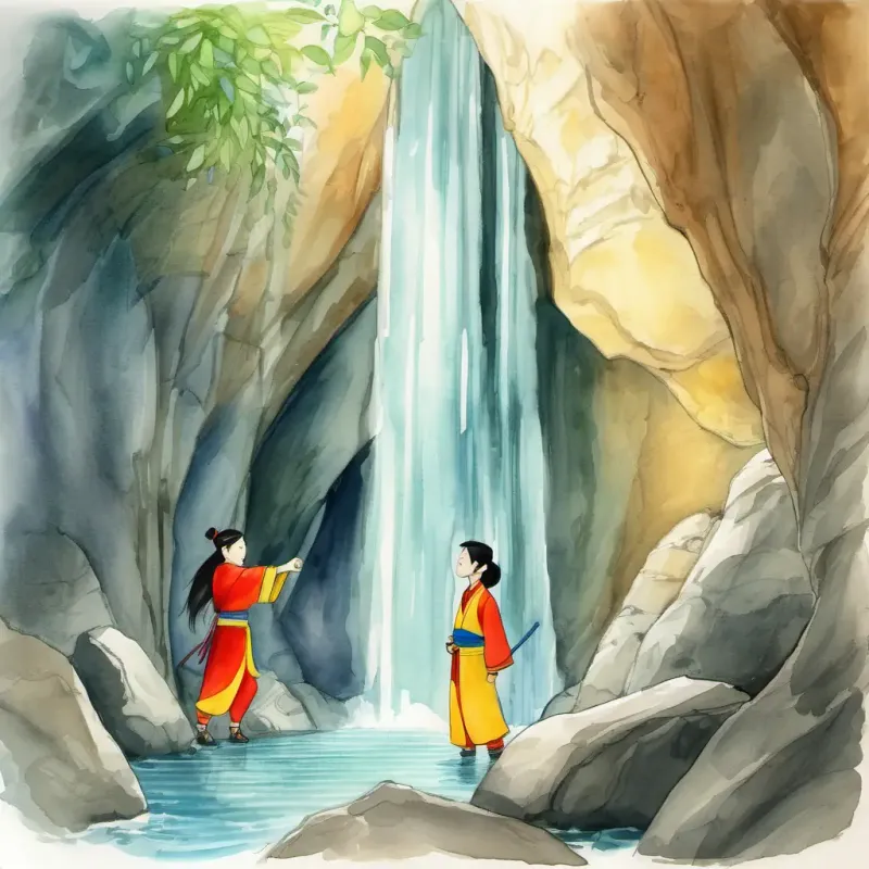 Discovering the Secret Passage: This illustration should show Xiaolin and Xiaobo discovering a hidden entrance to a secret passage. The entrance could be under a waterfall or in a cave, adding to the sense of mystery and discovery.