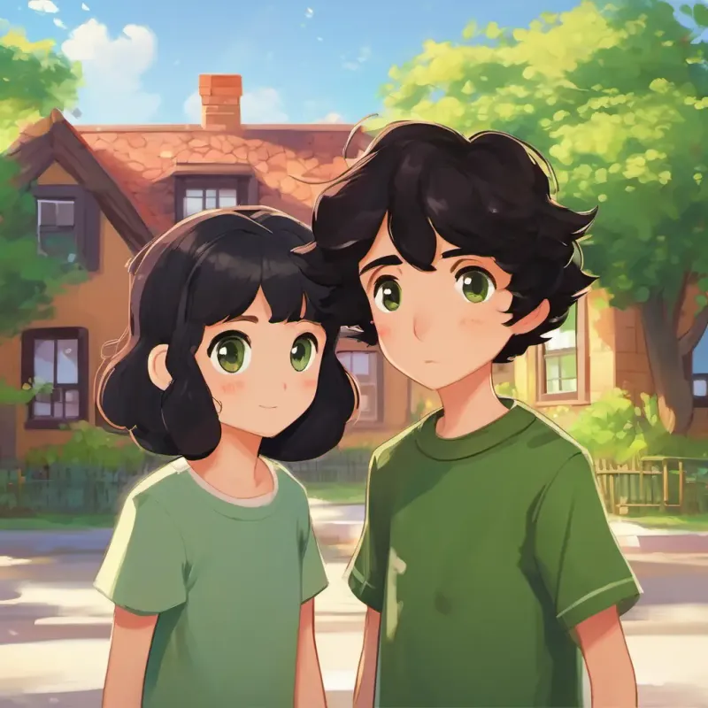 Characters: Curly black hair, brown eyes, bubbly personality, Straight brown hair, green eyes, thoughtful demeanor; Setting: In their neighborhood