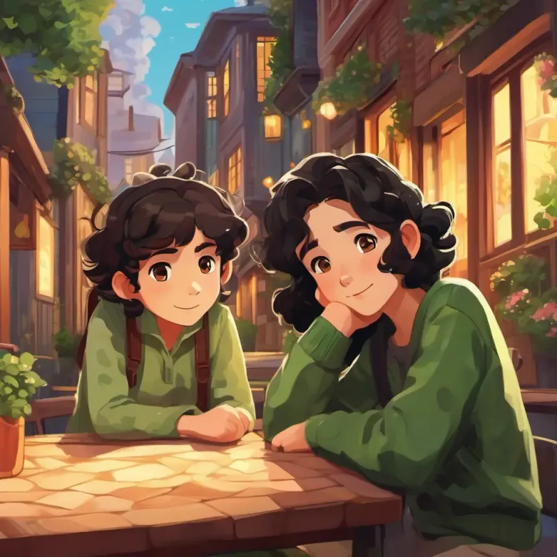 Characters: Curly black hair, brown eyes, bubbly personality, Straight brown hair, green eyes, thoughtful demeanor; Setting: Their neighborhood