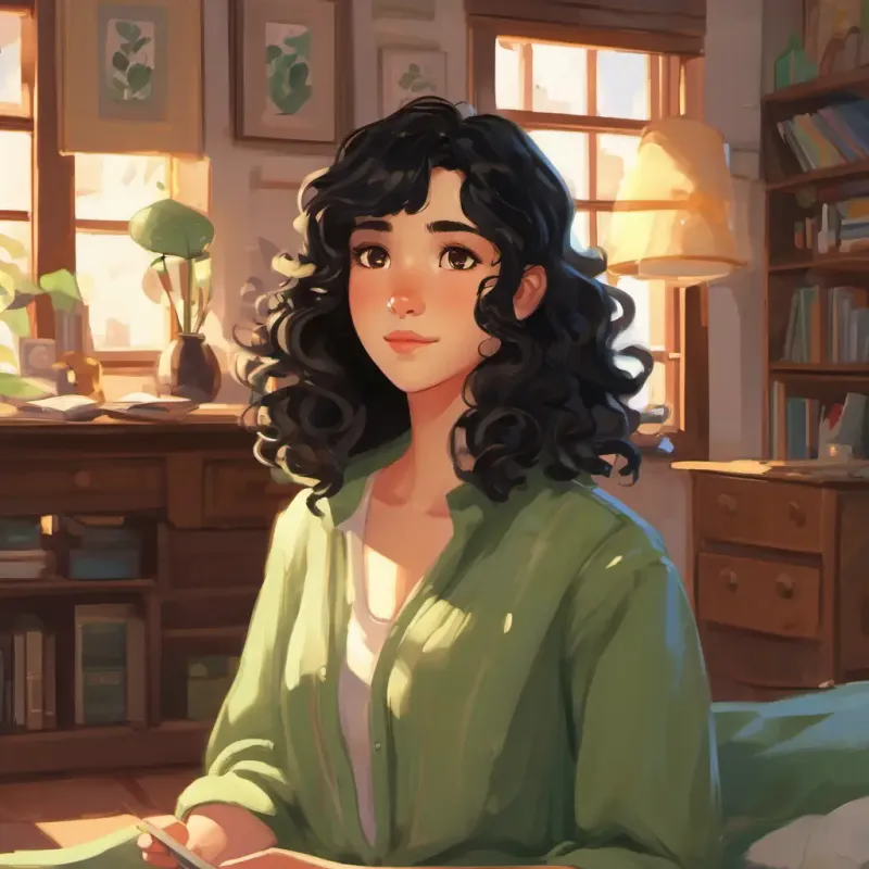 Characters: Curly black hair, brown eyes, bubbly personality, Straight brown hair, green eyes, thoughtful demeanor; Setting: In Curly black hair, brown eyes, bubbly personality's room