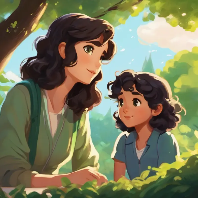 Characters: Curly black hair, brown eyes, bubbly personality, Straight brown hair, green eyes, thoughtful demeanor, Parents; Setting: At the park