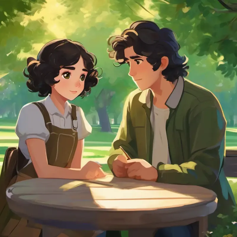 Characters: Curly black hair, brown eyes, bubbly personality, Straight brown hair, green eyes, thoughtful demeanor, Parents; Setting: At the park