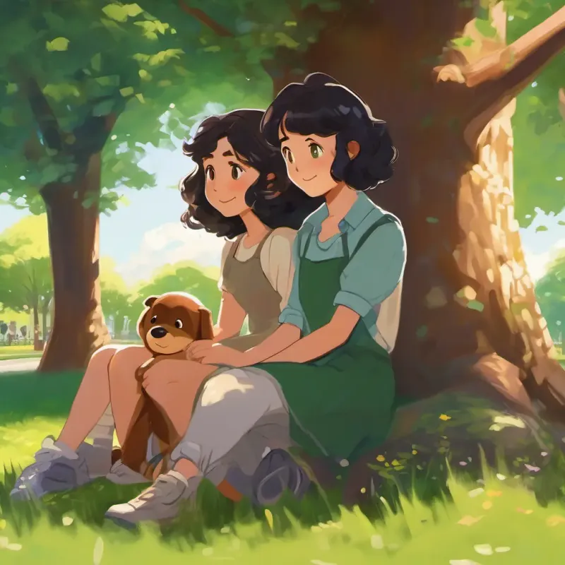 Characters: Curly black hair, brown eyes, bubbly personality, Straight brown hair, green eyes, thoughtful demeanor, Parents; Setting: At the park