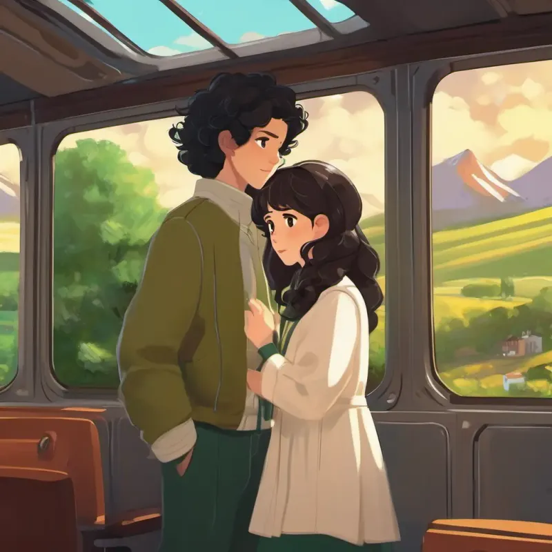 Characters: Curly black hair, brown eyes, bubbly personality, Straight brown hair, green eyes, thoughtful demeanor; Setting: Heading back home