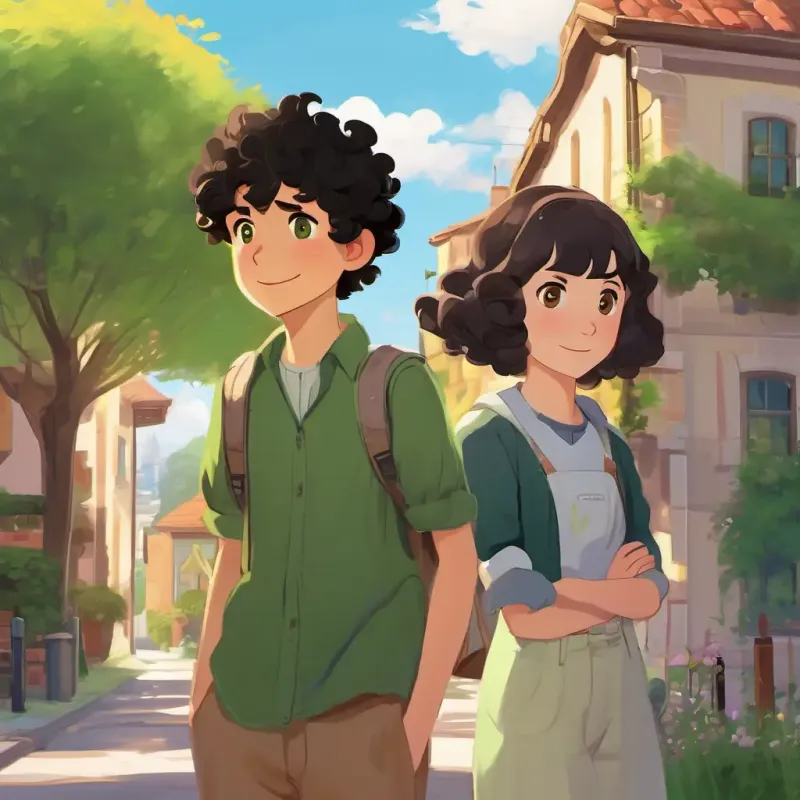 Characters: Curly black hair, brown eyes, bubbly personality, Straight brown hair, green eyes, thoughtful demeanor; Setting: Their neighborhood