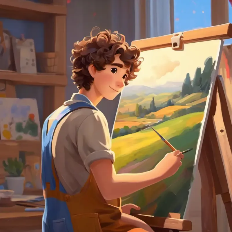 Short, curly brown hair, brown eyes, enthusiastic painter in overalls is depicted painting, showing his love for colors.