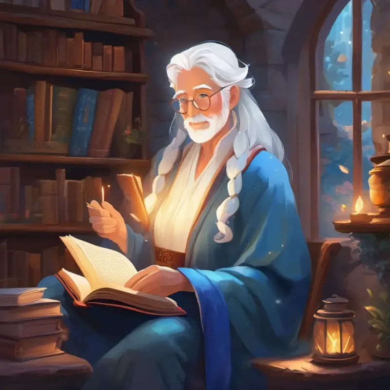 Elderly, white hair, blue eyes, wise storyteller with a magical book presents a magical book of diverse love stories.