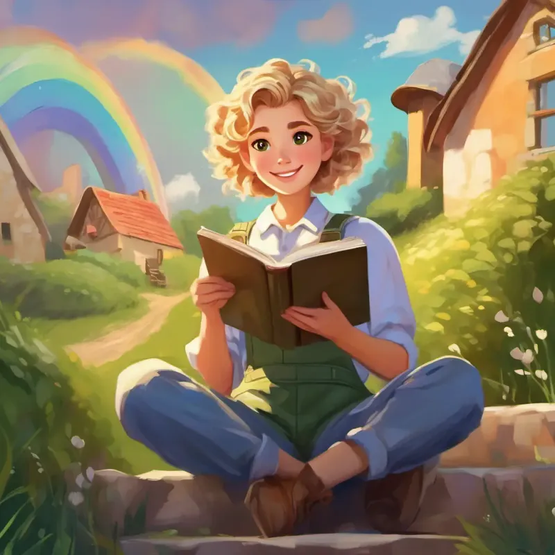 Short, curly brown hair, brown eyes, enthusiastic painter in overalls and Tall, straight blonde hair, green eyes, imaginative storyteller with a book sharing their rainbow and stories with the townsfolk.