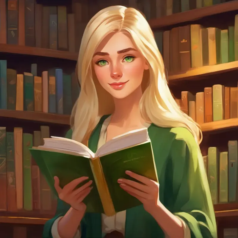 Tall, straight blonde hair, green eyes, imaginative storyteller with a book is shown telling stories, engaging listeners with her words.