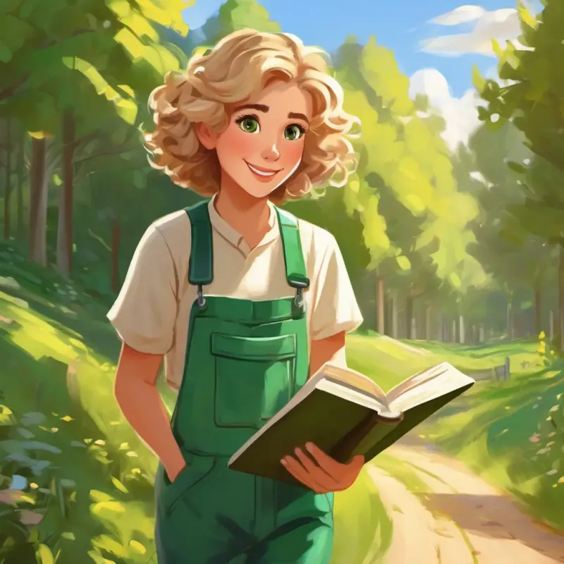 Short, curly brown hair, brown eyes, enthusiastic painter in overalls and Tall, straight blonde hair, green eyes, imaginative storyteller with a book enjoying a sunny walk in Everwood.