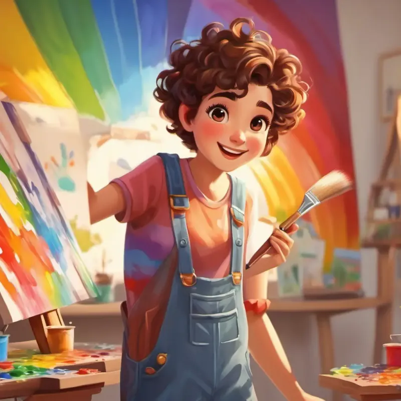 Short, curly brown hair, brown eyes, enthusiastic painter in overalls decides to paint a rainbow inspired by their friendship.