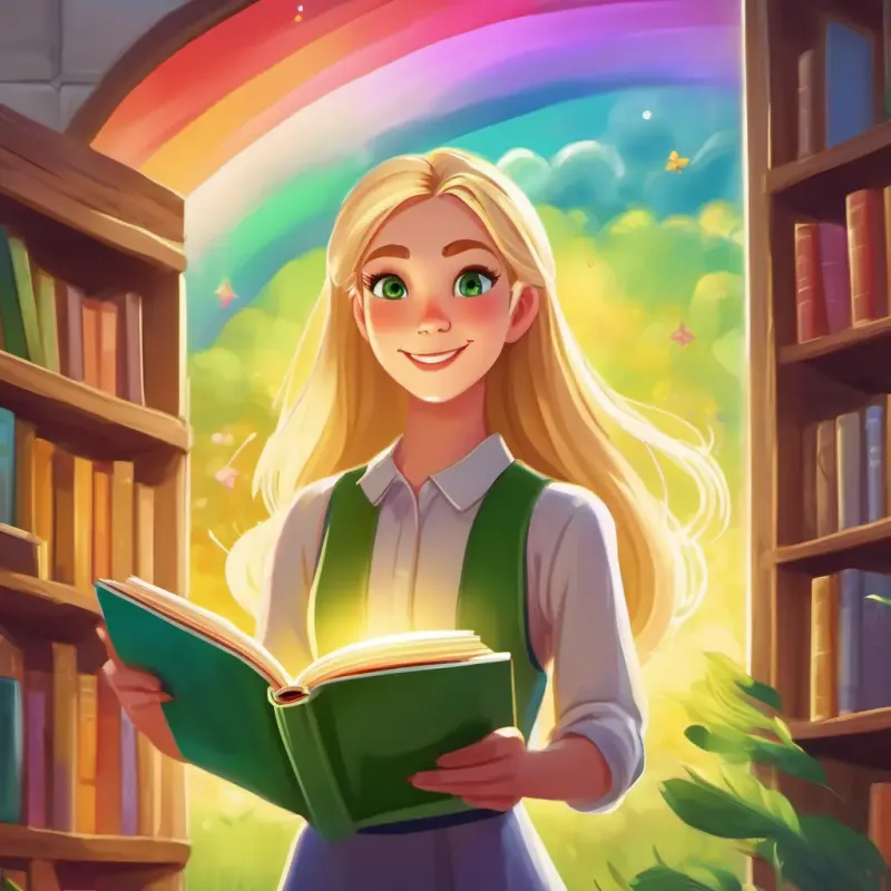 Tall, straight blonde hair, green eyes, imaginative storyteller with a book is excited to write a story about the rainbow.