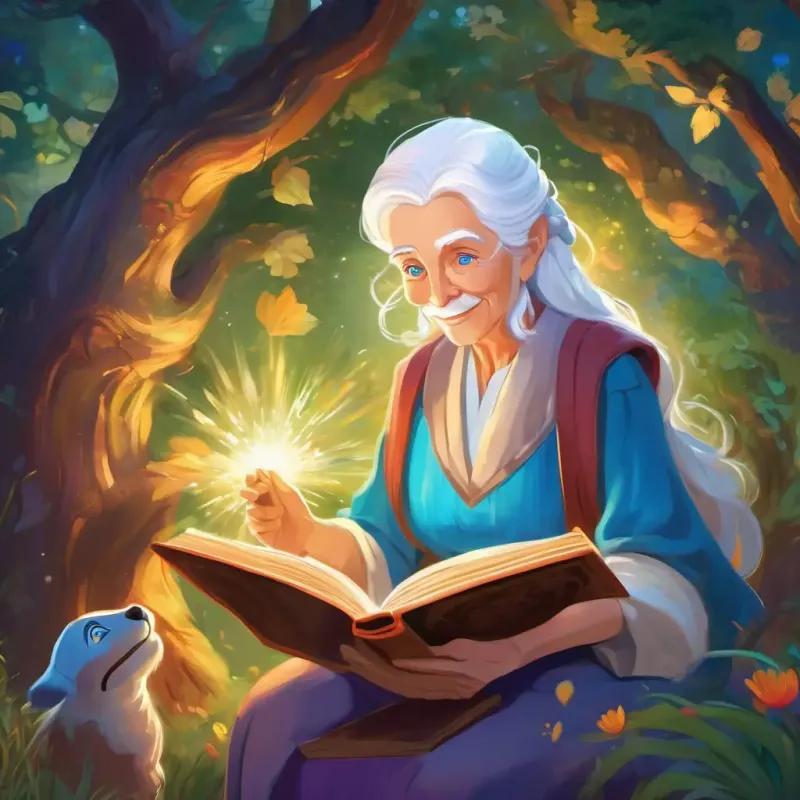 Elderly, white hair, blue eyes, wise storyteller with a magical book shares her wisdom about the colors of love with the children.