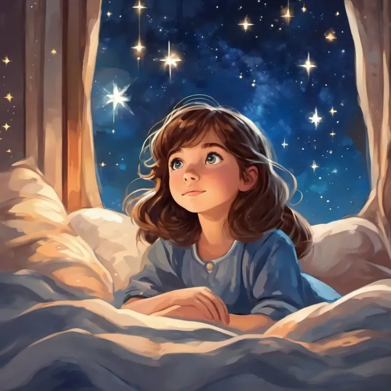 Little girl with brown hair and sparkly blue eyes lying in her bed, looking up at the stars, with a wishful expression on her face