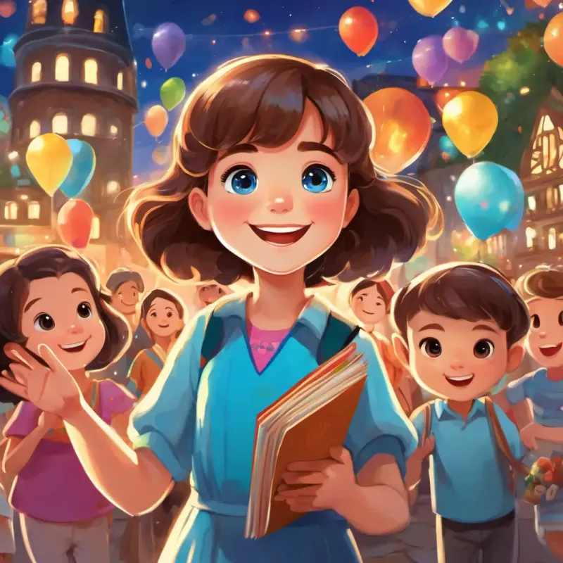 Little girl with brown hair and sparkly blue eyes holding a colorful invitation with a big smile, while her family waves goodbye in the background