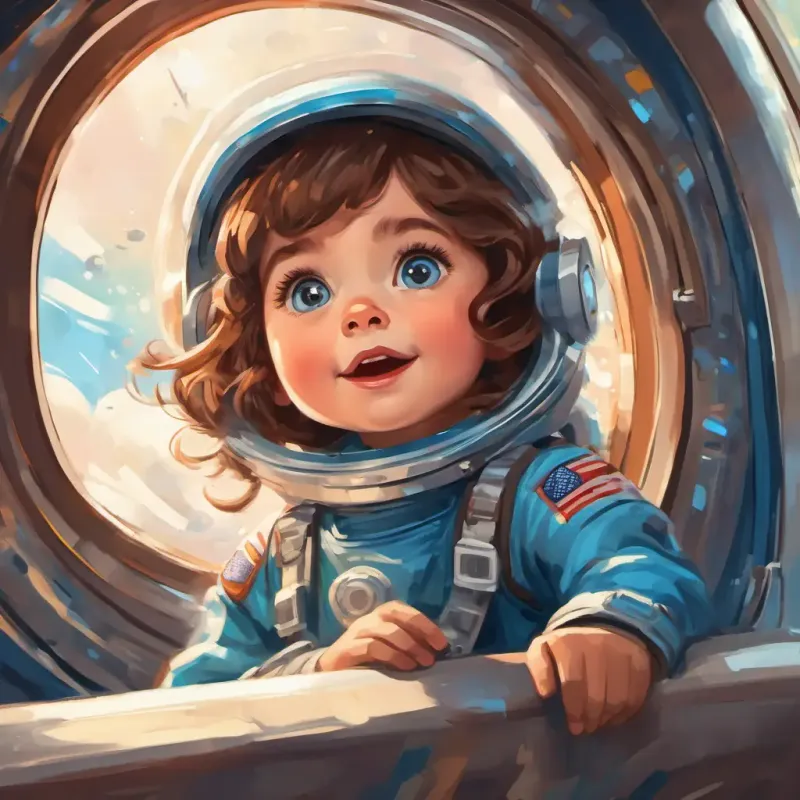 Little girl with brown hair and sparkly blue eyes inside a rocket, wearing a spacesuit, looking out of the window with a mix of excitement and nervousness