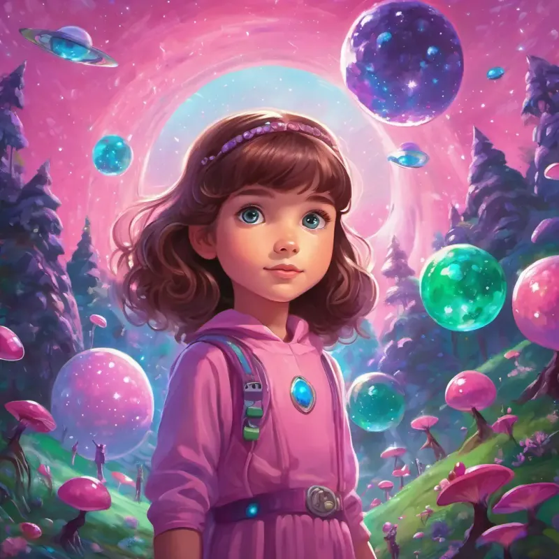 Little girl with brown hair and sparkly blue eyes standing on a pink glittery planet, surrounded by alien friends with purple and green skin, trees sparkling like diamonds
