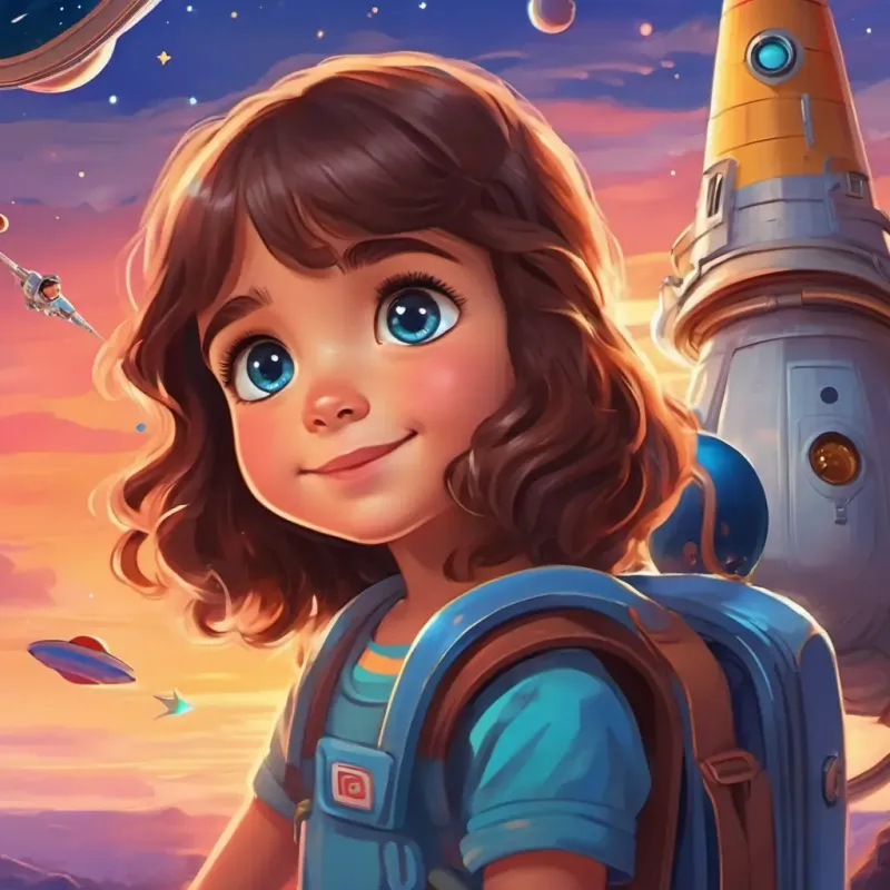 Little girl with brown hair and sparkly blue eyes hugging alien friends while boarding the rocket, with a sunset backdrop and a mixture of happiness and sadness