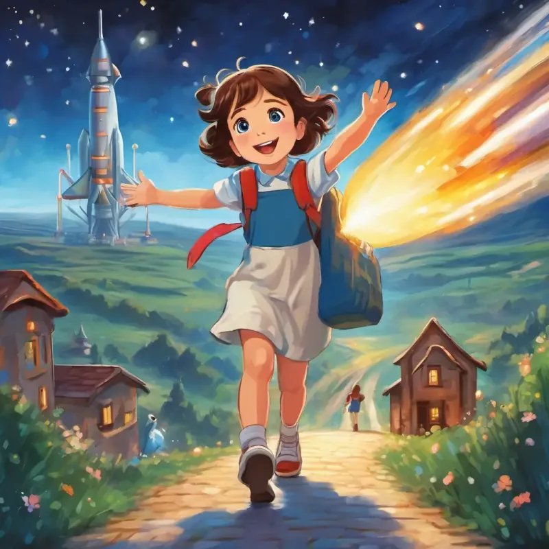 Little girl with brown hair and sparkly blue eyes stepping out of the rocket, greeted by her family with open arms, sharing stories with excitement