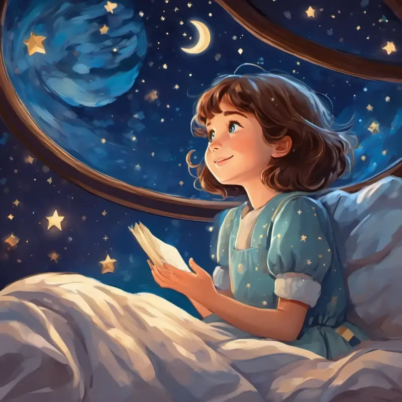 Little girl with brown hair and sparkly blue eyes lying in her bed, looking up at the stars, whispering a thank you with a smile on her face