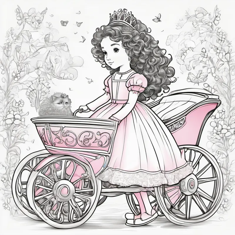 Cadhla is a little girl with curly hair, wearing a pretty pink dress. and the princess in a beautiful carriage