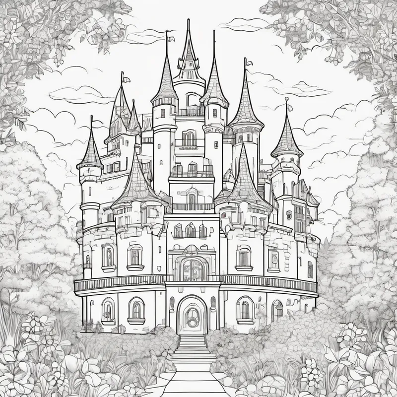 The castle with colorful decorations and happy guests