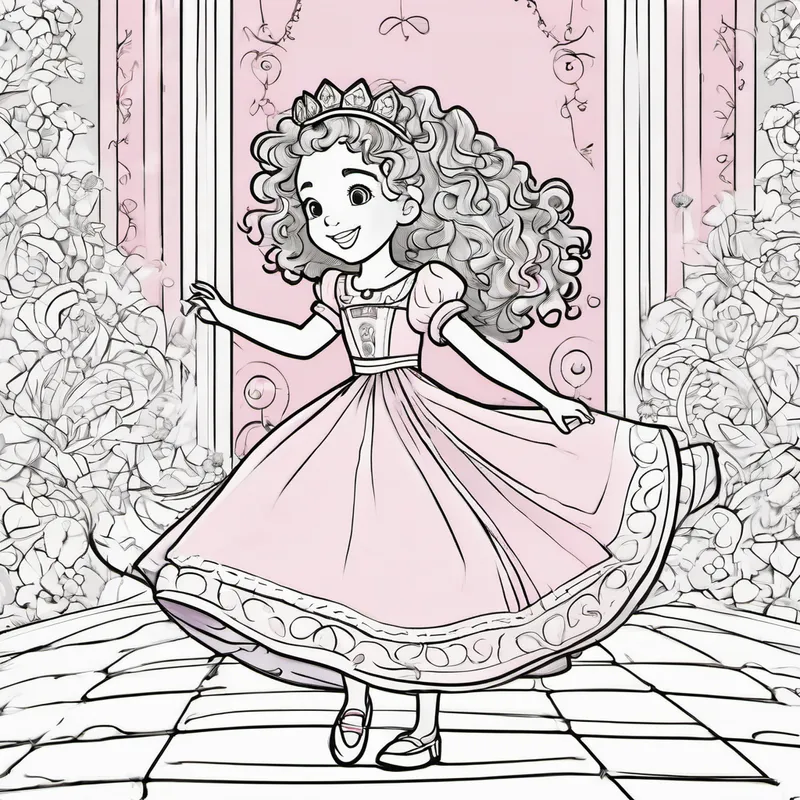 Cadhla is a little girl with curly hair, wearing a pretty pink dress. and the princess twirling and laughing on the dance floor