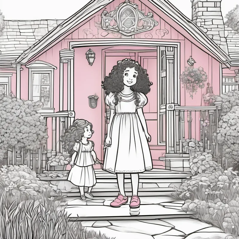 Cadhla is a little girl with curly hair, wearing a pretty pink dress. and the princess outside Aunt Bridie's cozy house