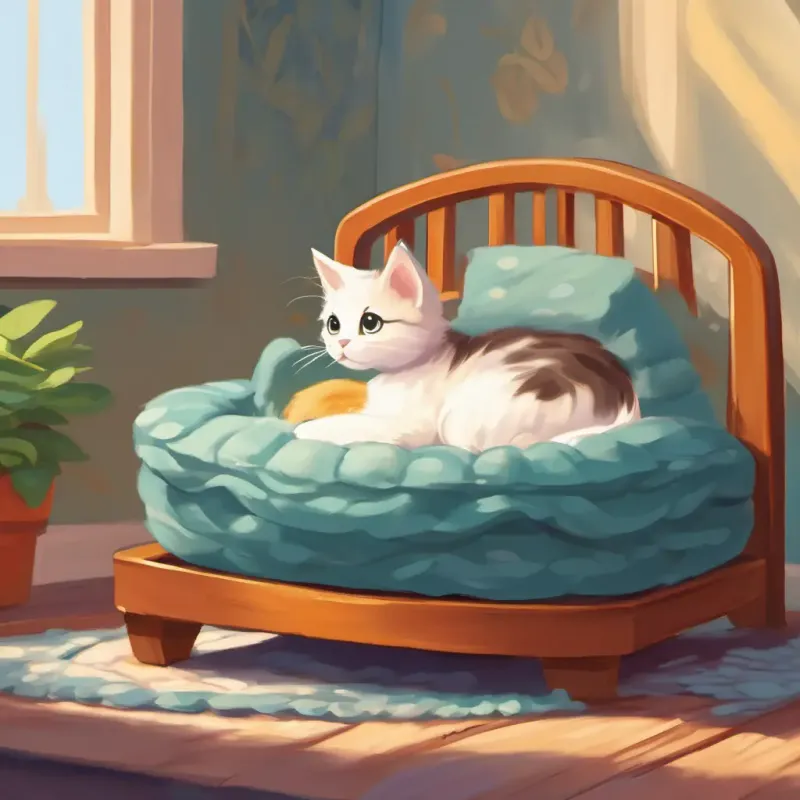 Kitten explores her new bed, feels contented.