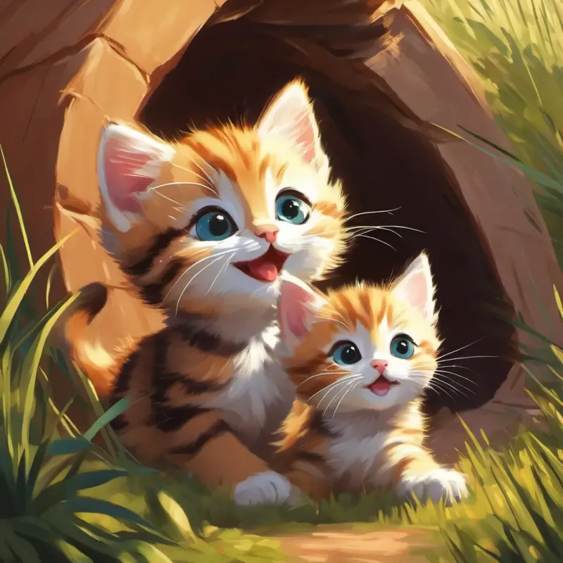 Kittens playing, emphasizing the striped kitten's playful nature.