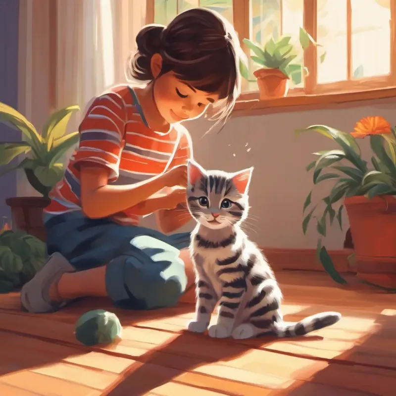 A person pets the striped kitten, creating a connection.