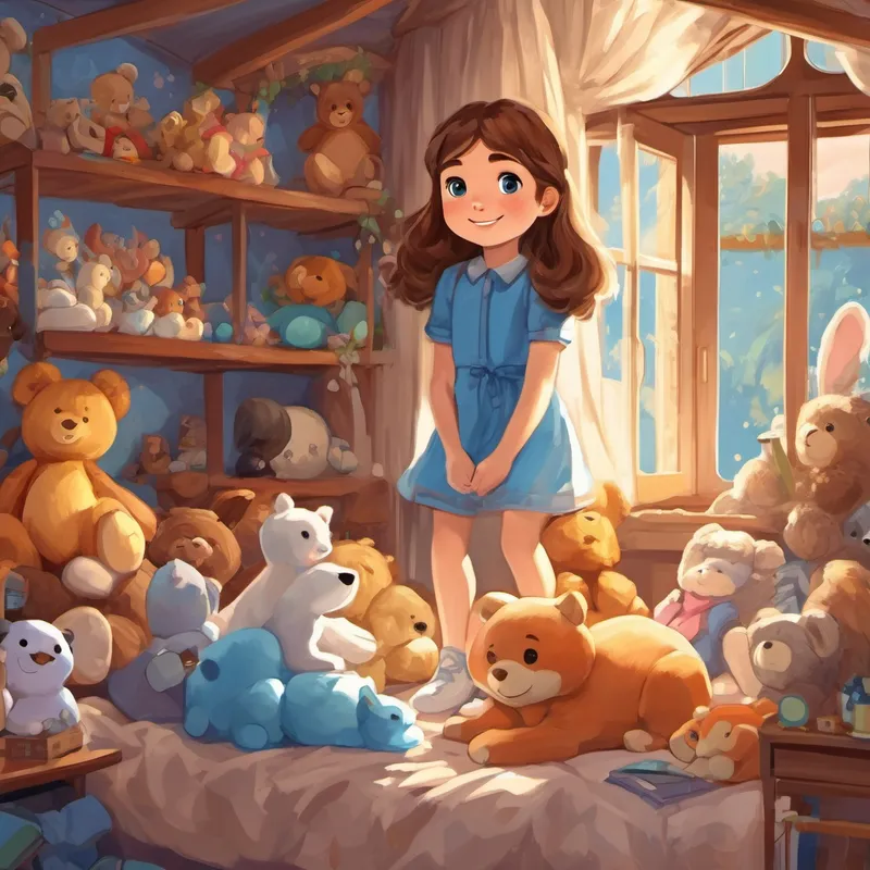 brown hair, blue eyes, happy girl is in her bedroom, surrounded by stuffed animals.