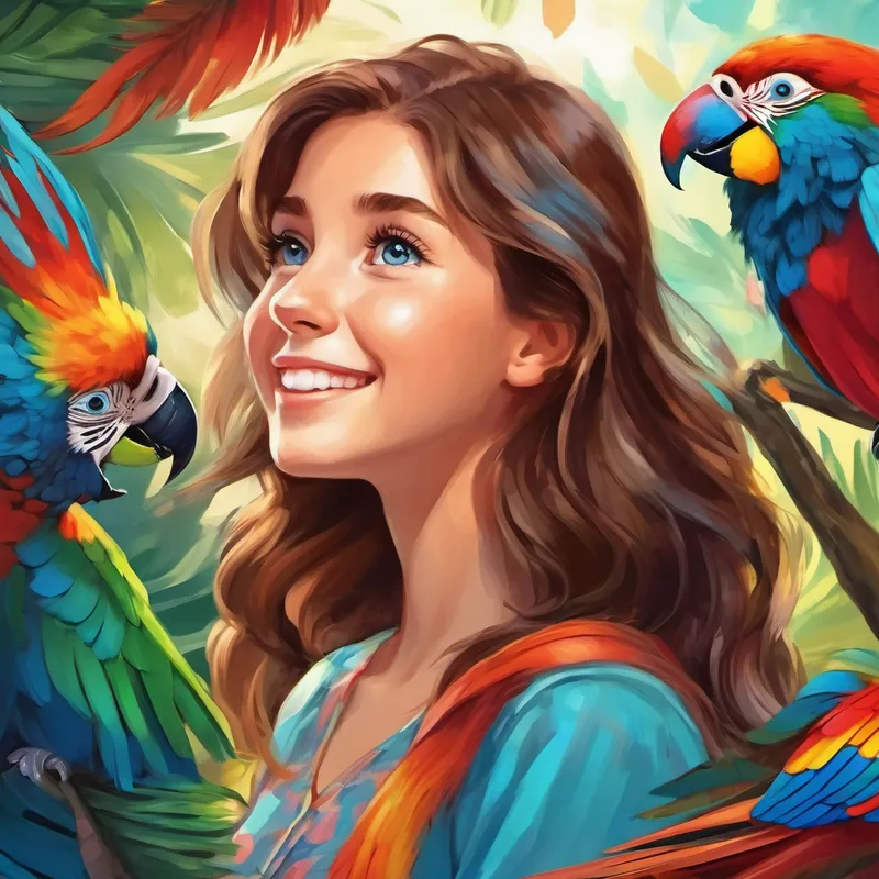 brown hair, blue eyes, happy girl is looking up at a beautiful parrot with feathers of all different colors.