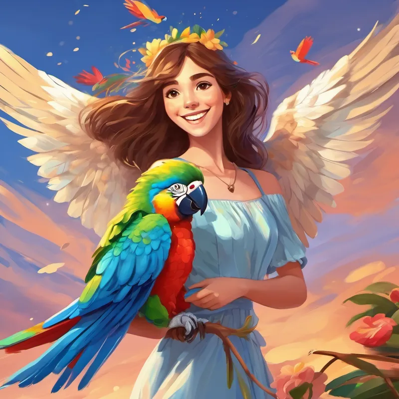 brown hair, blue eyes, happy girl is shaking wings with the parrot, smiling happily.