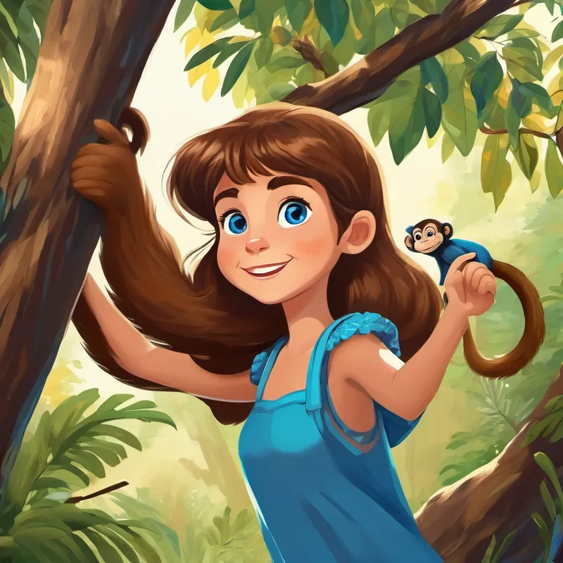 brown hair, blue eyes, happy girl is pointing to a mischievous monkey with brown fur, hanging from a tree branch.