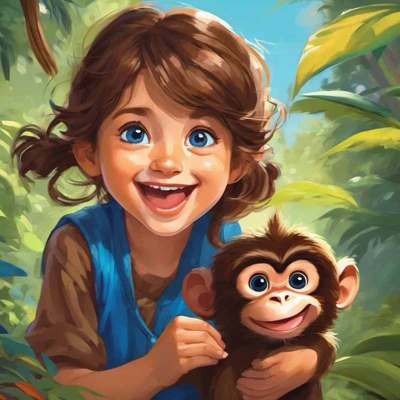 brown hair, blue eyes, happy girl is laughing while mischievous monkey with brown fur is sticking his tongue out playfully.