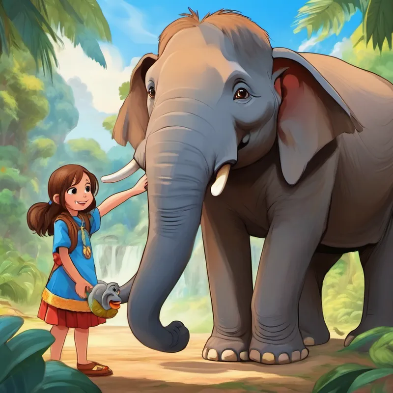 brown hair, blue eyes, happy girl, colorful parrot, and mischievous monkey with brown fur are standing near a big elephant with gray skin, using its trunk to drink water.