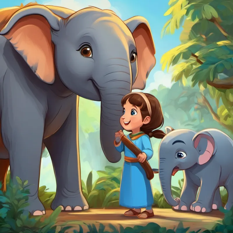 brown hair, blue eyes, happy girl is patting gentle elephant with gray skin's trunk, while colorful parrot and mischievous monkey with brown fur are standing next to her.