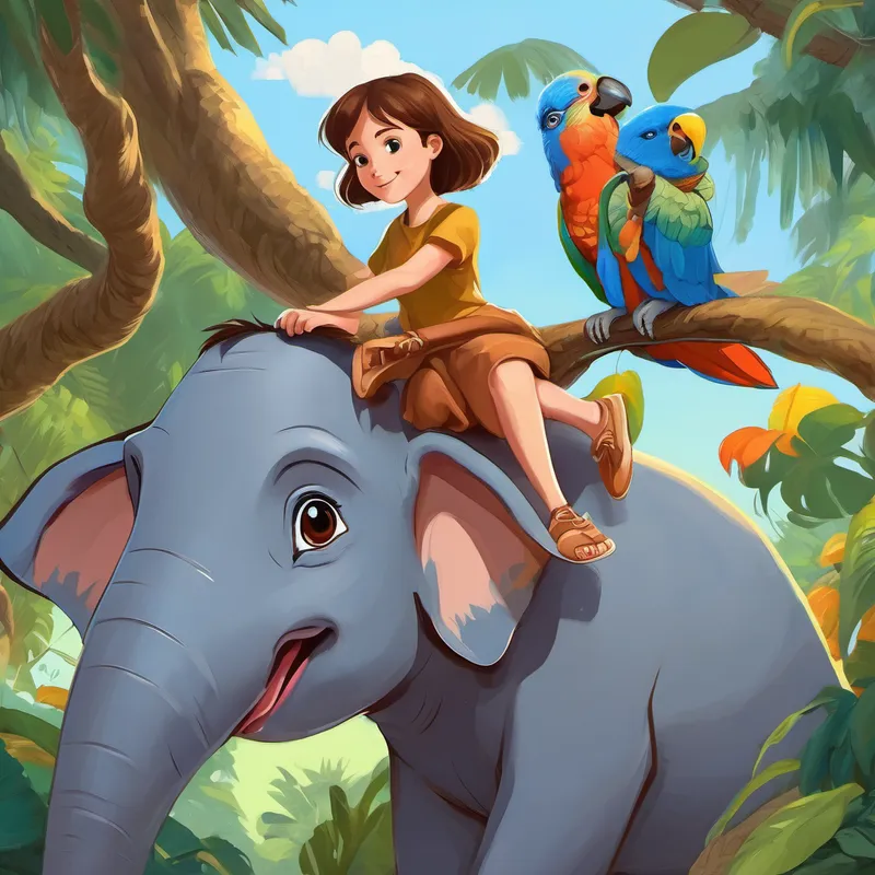 brown hair, blue eyes, happy girl is sitting on gentle elephant with gray skin's back, while colorful parrot is perched on her shoulder and mischievous monkey with brown fur is swinging from a tree branch.