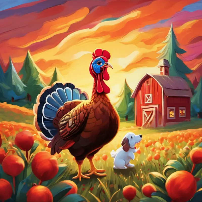 Colorful turkey with a flair for dancing and a kind heart discovers a puppy hiding and shivering on the farm.