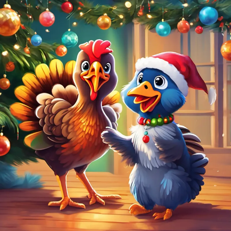 Colorful turkey with a flair for dancing and a kind heart meets the puppy but is uncertain how to assist him.