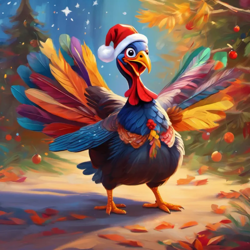 Colorful turkey with a flair for dancing and a kind heart attempts to cheer the puppy up with a dance.