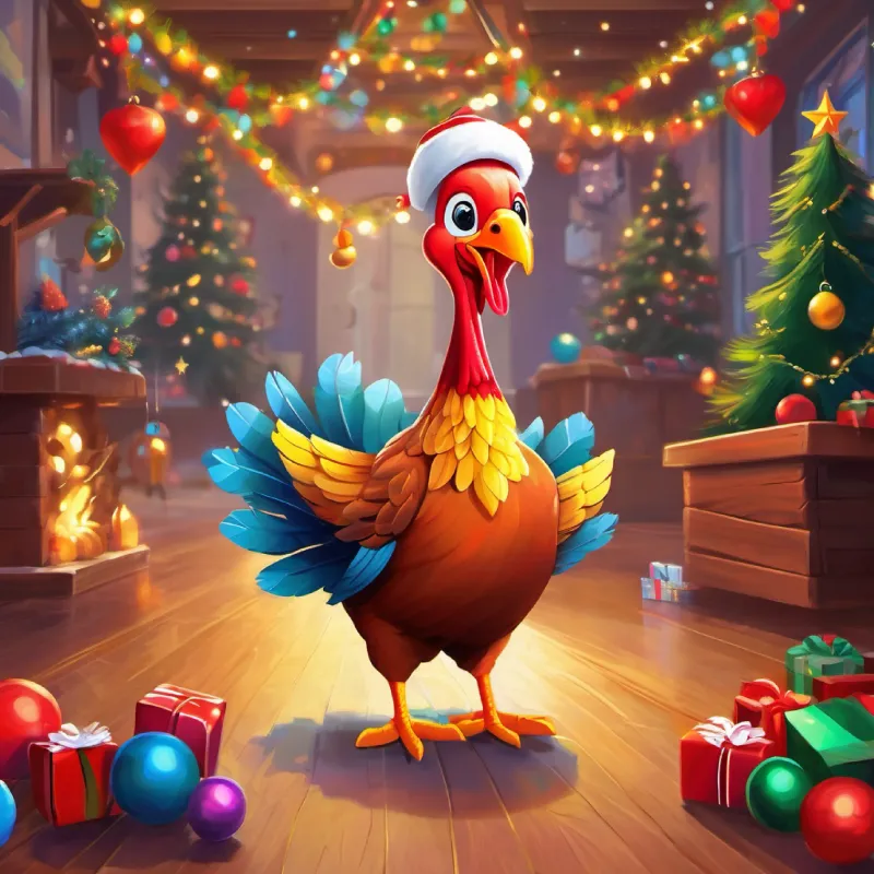 Colorful turkey with a flair for dancing and a kind heart's caring actions to make the puppy feel secure.