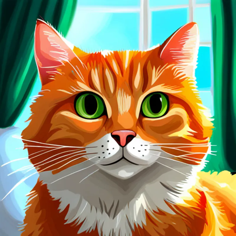 cat named Orange fur, green eyes, playful and friendly in cozy little house