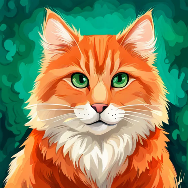 Orange fur, green eyes, playful and friendly with orange fur and green eyes