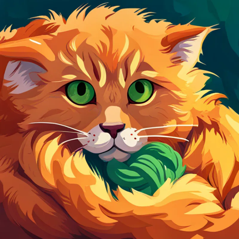 Orange fur, green eyes, playful and friendly playing with yarn and napping in sun